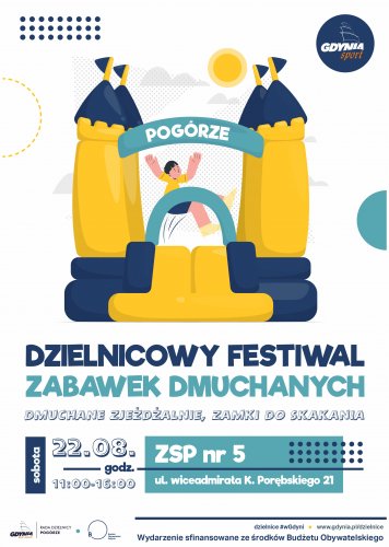 Plakat promujący festiwal na Pogórzu, graficzna postać chłopca, skaczącego w dmuchanym zamku.