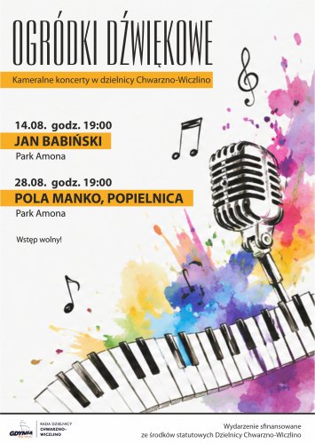 Plakat z akwarelowym rysunkiem instrumentów muzycznych i harmonogramem koncertów.