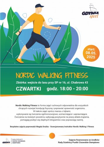 Plakat promujący nordic walking na Pustkach Cisowskich-Demptowie.