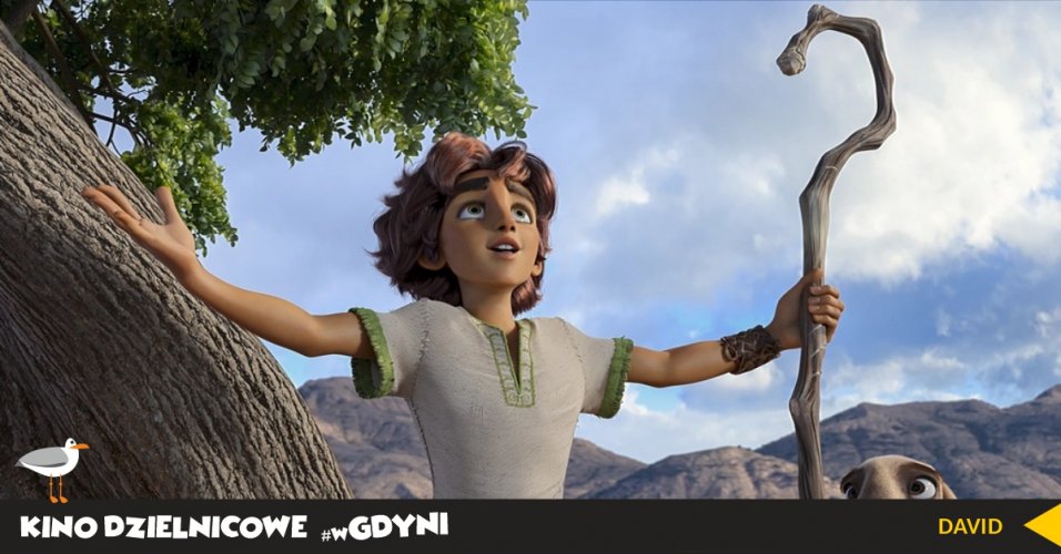 Kadr z filmu "David". Animowana postać chłopca z laską w dłoni stoi na tle skały.