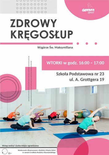 Plakat promujący zajęcia zdrowy kręgosłup na Wzgórzu Św. Maksymiliana.