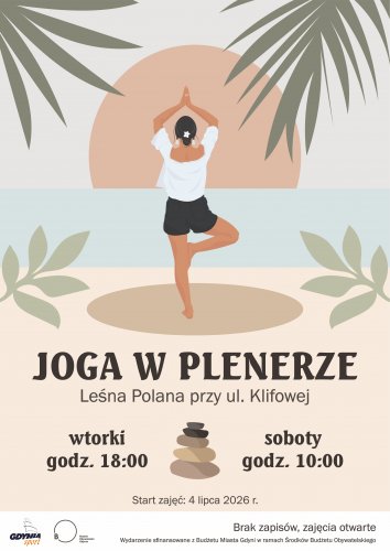 Graficzny plakat z kobietą ćwiczącą jogę na tle morza.