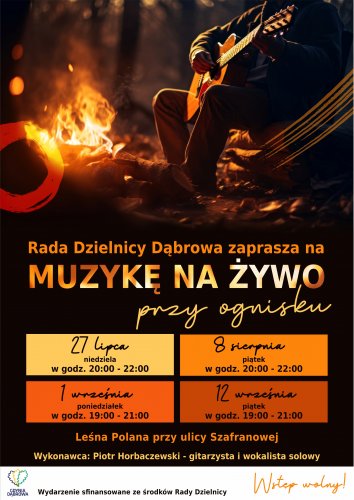 Plakat z ogniskiem z harmonogramem koncertów na żywo na Dąbrowie.