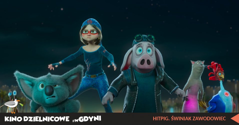 Kadr z filmu „Hitpig. Świniak zawodowiec”. Animowane postaci dziewczyna i zwierzęta stoją i patrza przed siebie.