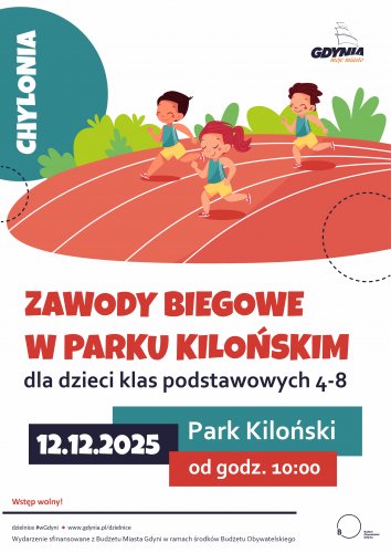 Plakat z biegnącymi dziećmi promujacy biegi w Parku Kilońskim.
