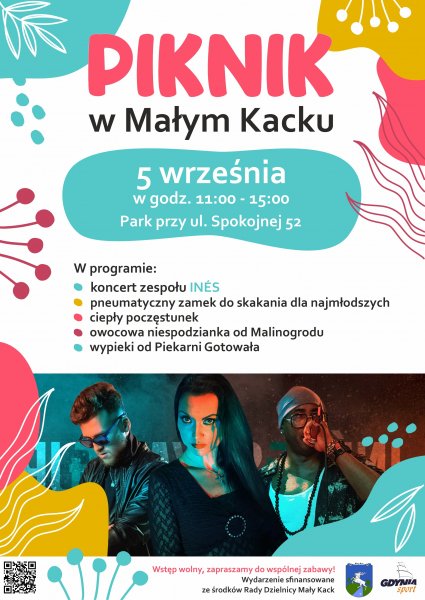 Plakat promujący piknik w Małym Kacku, ze zdjęciem zespołu Ines.