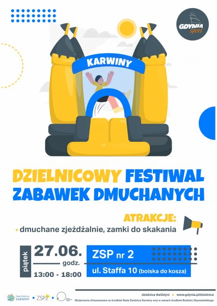 Plakat z narysowanym dmuchanym zamkiem promujący Dzielnicowy Festiwal zabawek dmuchanych na Karwinach (mat. pras.)