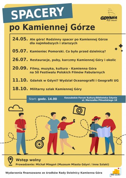 Plakat promujący spacery po Kamiennej Górze z przewodnikiem.