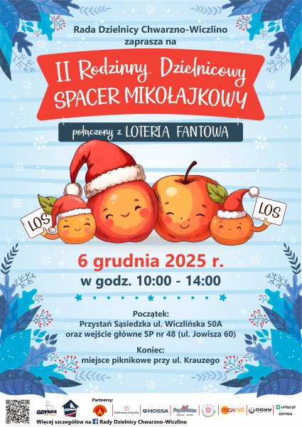 Plakat promujący II Rodzinny Dzielnicowy Spacer Mikołajkowy.