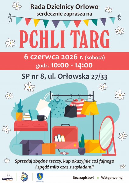 Plakat z graficznym przedstawieniem przedmiotów, które można kupić na pchlim targu.