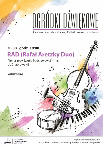 Plakat z akwarelowym przedstawieniem instrumentów muzycznych.