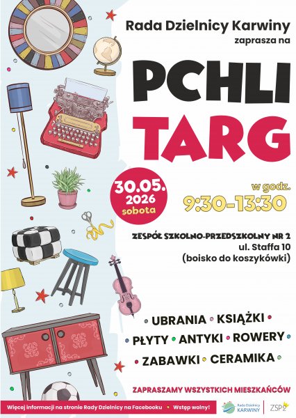 Plakat z graficznym przedstawieniem przedmiotów, które można kupić na pchlim targu.