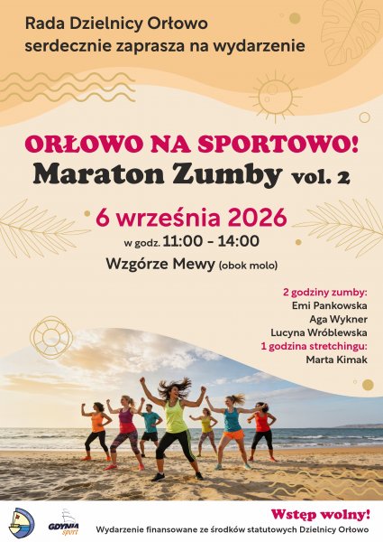 Plakat w klimacie morskim ze zdjęciem osób tańczących zumbę na plaży.