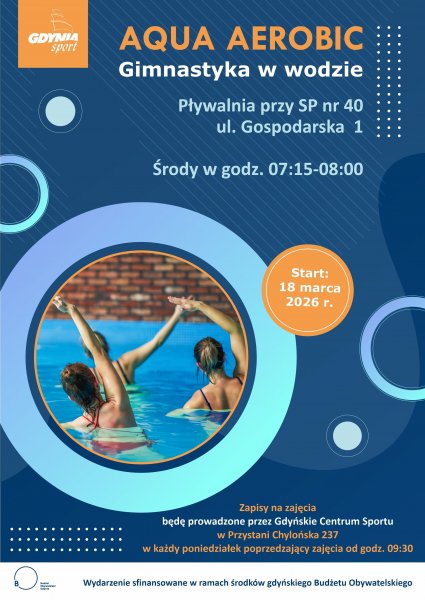 Plakat z pływającymi osobami w odcieniach niebieskiego, promujący zajęcia aqua aerobiku na Cisowej.