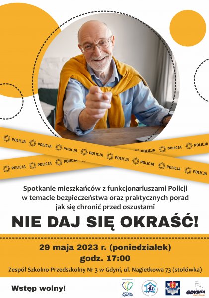 plakat z seniorem dotyczący spotkania o bezpieczeństwie i metod oszustów// #dzielnicewGdyni