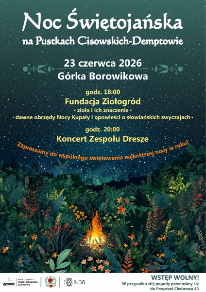 Plakat promujący świetowanie nocy Świętojańskiej ognisko na łace na tle gieździstego nieba.