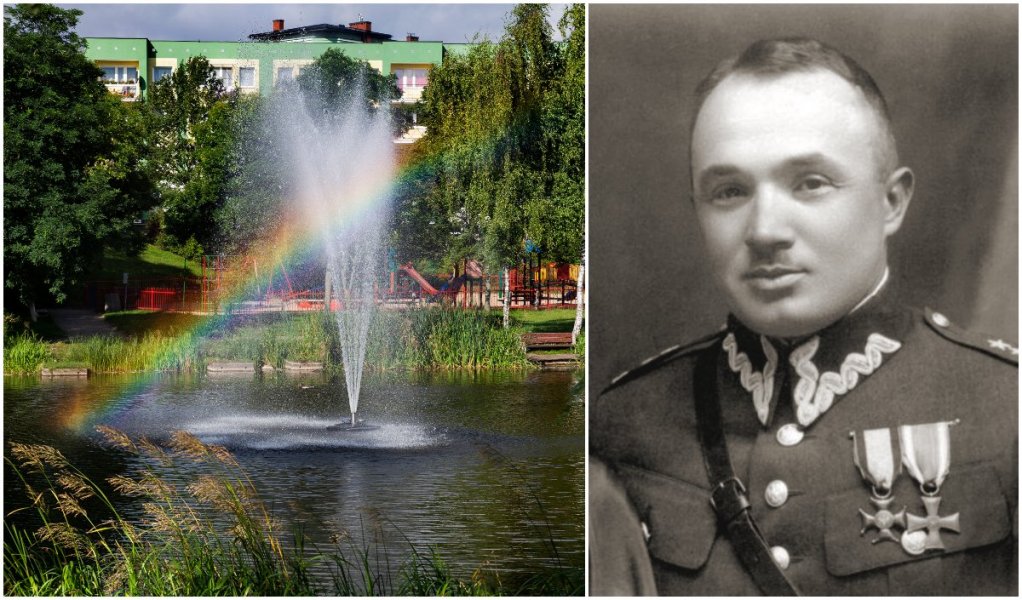 po lewej staw przy Skwerze im. I.Kwiatkowskiej, po lewej zdjęcie pułkownika Stanisława Dąbka