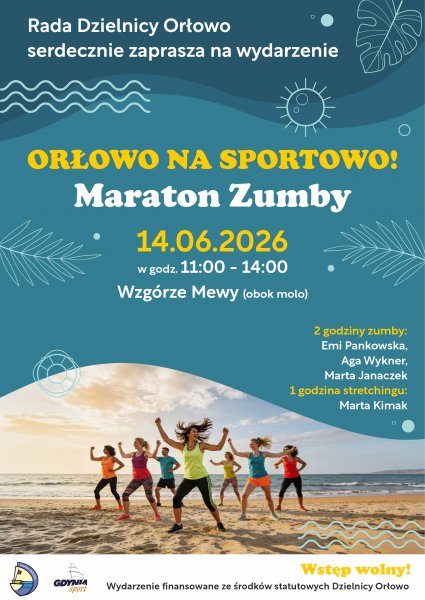 Plakat w klimacie morskim ze zdjęciem osób tańczących zumbę na plaży.