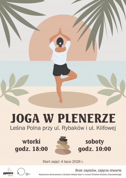 Graficzny plakat z kobietą ćwiczącą jogę na tle morza.