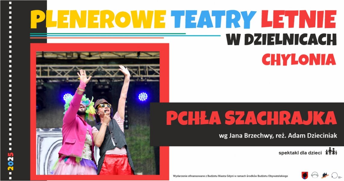 Zdjęcie ze spektaklu „Pchła Szachrajka”. Aktorzy w bardzo kolorowym ubraniach.