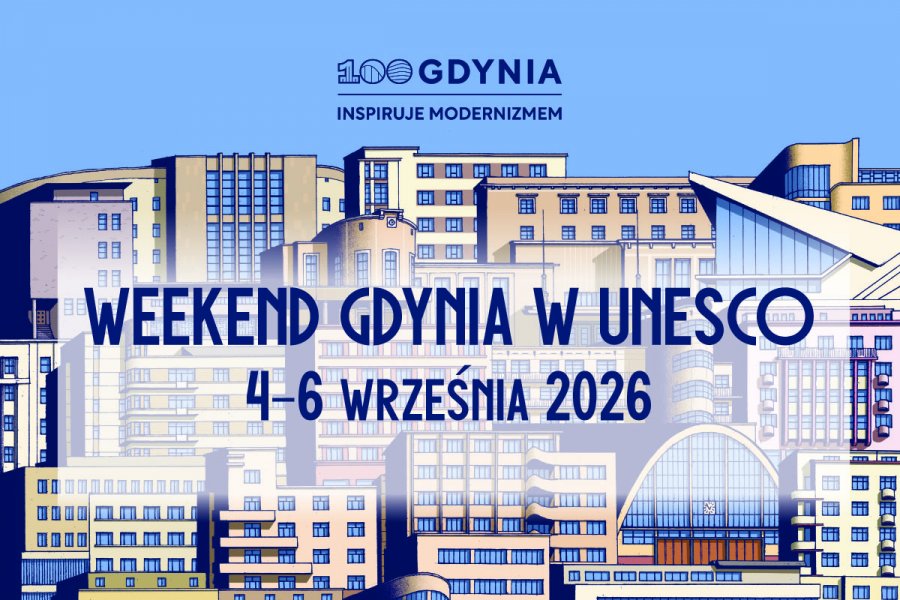 Grafika z modernistycznymi budynkami promująca weekend „Gdynia w UNESCO” (mat. prasowe)