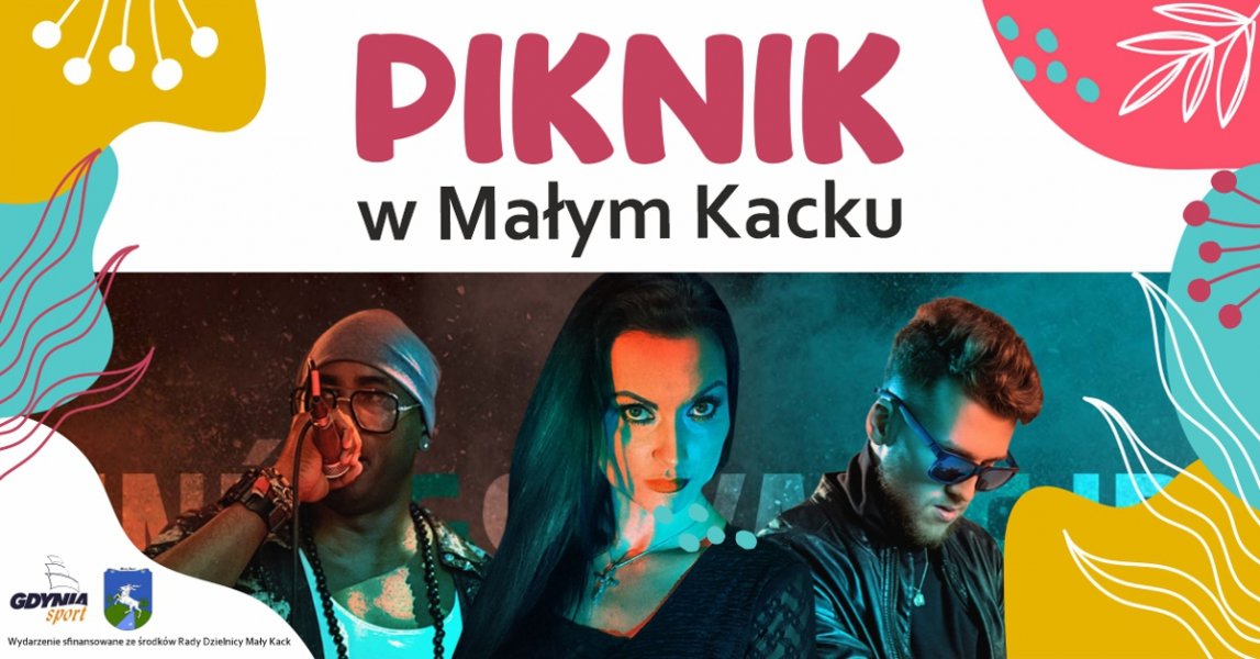 plakat reklamujący Piknik w Małym Kacku z harmonogramem i zdjeciem zespołu Ines