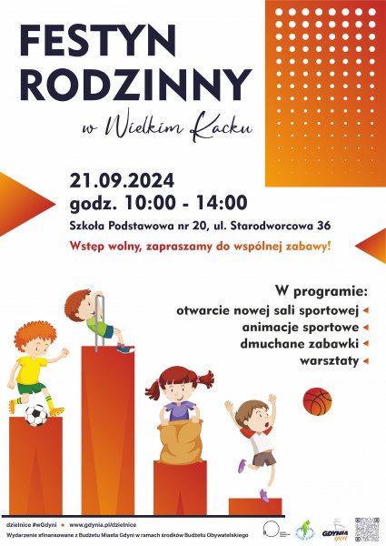 Plakat promujący festyn w Wielkim Kacku, dzieci uprawiajace sport