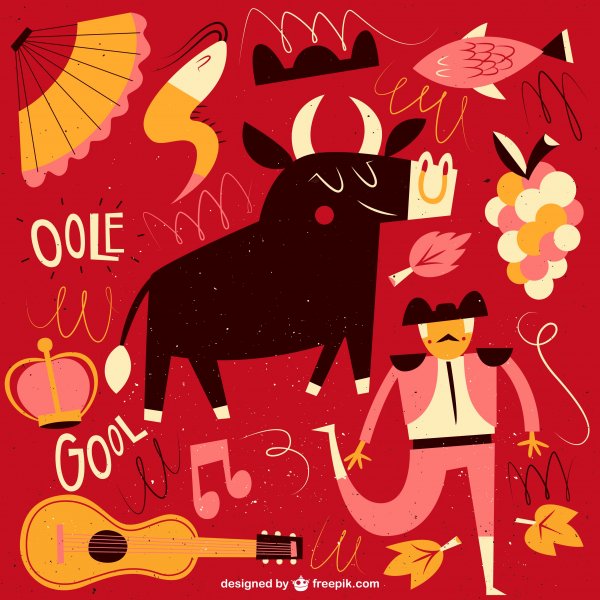 Grafika z symbolami hiszpańskimi, na czerwonym tle m.in. byk i toreador, gitara, wachlarz oraz napisy gol i oole.