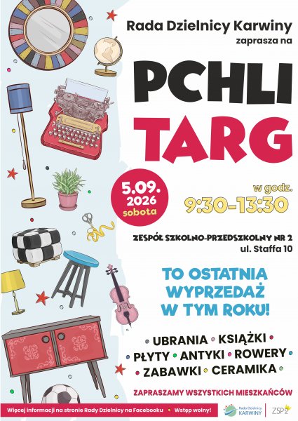 Plakat z graficznym przedstawieniem przedmiotów, które można kupić na pchlim targu.