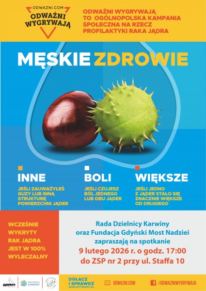 Plakat promujący wykłady o męskim zdrowiu, z grafiką kasztanów.