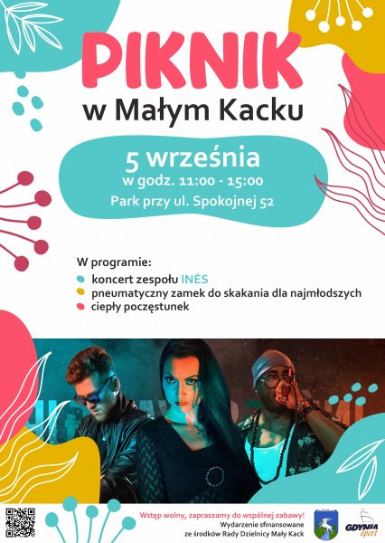 Plakat promujący piknik w Małym Kacku, ze zdjęciem zespołu Ines.