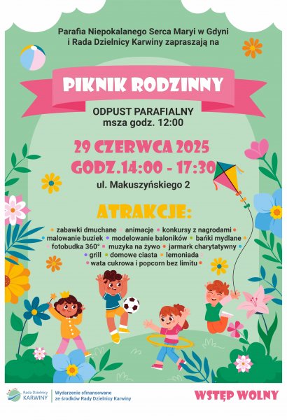 Plakat z wesołymi postaciami dzieci wśród kwiatów, promujący Piknik Rodzinny na Karwinach.