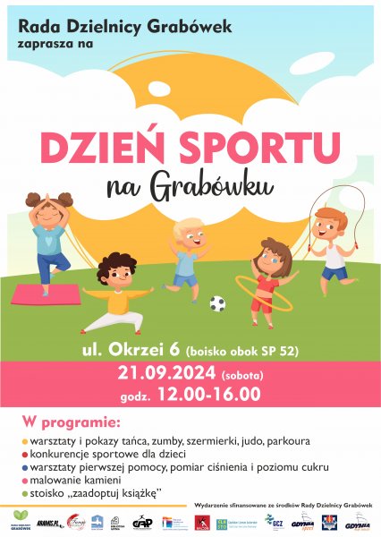Plakat promujący dzień sportu na Grabówku, narysowane dzieci uprawiają sport.