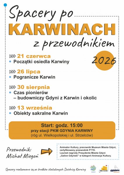 Baner w zółtych kolorach z napisem Spacery po Karwinach z przewodnikiem.