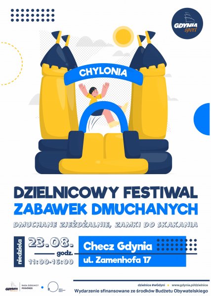 Plakat promujący festiwal na Chyloni, graficzna postać chłopca, skaczącego w dmuchanym zamku.