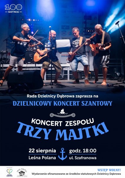 Plakat ze zdjęciem zespołu Trzy Majtki promujący koncert na Dąbrowie.