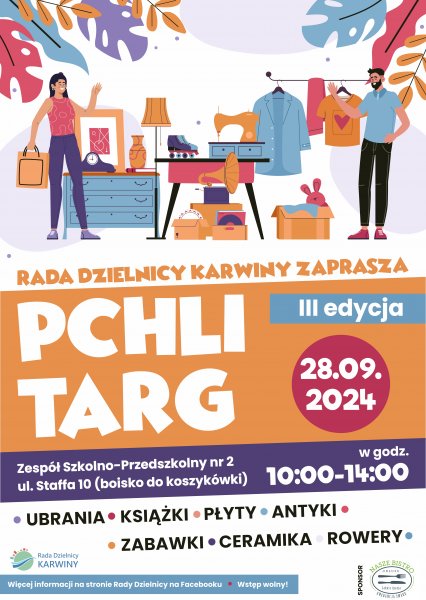 Plakat promujący Pchli Targ na Karwinach, narysowane przedmioty na sprzedaż.
