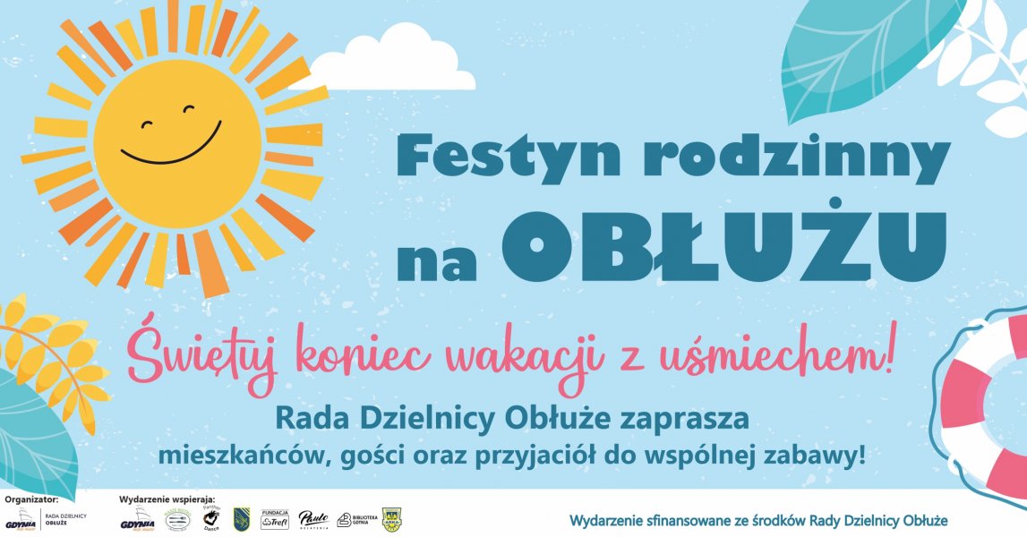 plakat z usmiechnietym słoneczkiem i harmonogramem Festynu Rodzinnego na Obłużu