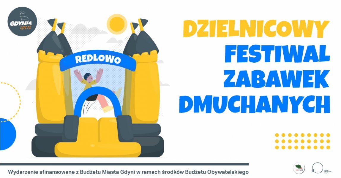 Plakat reklamujący Dzielnicowy Festiwal Zabawek Dmuchanych w Redłowie, dmuchane zabawki rysowane