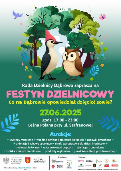 Plakat promujący Festyn na Dąbrowie z grafiką drzew, dzięcioła i sowy.