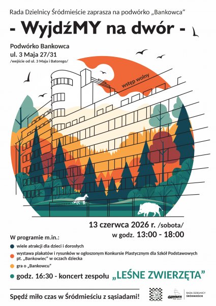 Plakat w graficznym przedstawieniem lasu i zarysu budynku Bankowca