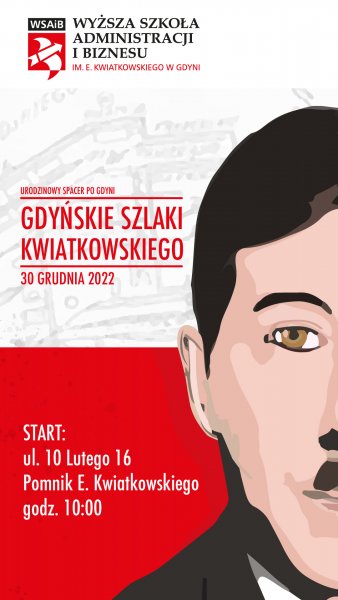 na biało-czerwonym tle rysunek twarzy Eugeniusza Kwiatkowskiego (ciemne włosy i brązowe oczy)