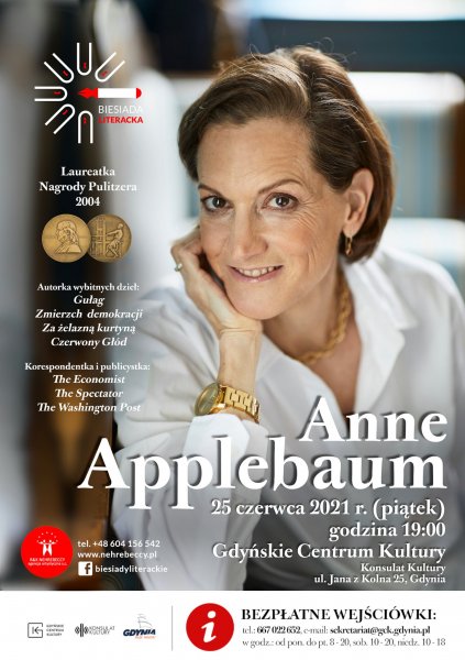 Plakat wydarzenia Biesiada Literacka. Na zdjęciu autorka Anne Applebaum