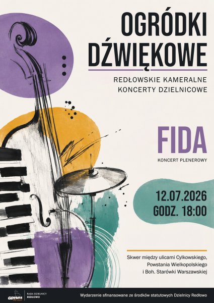 Plakat promujący koncerty w plenerze w Redłowie, artystyczny rysunek instrumentów.