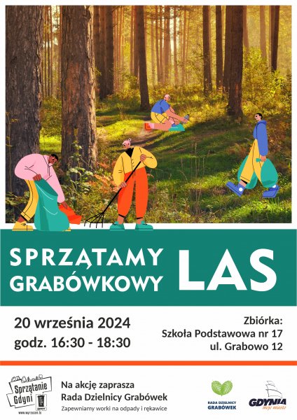 Plakat promujący sprzątanie grabówkowego lasu, narysowane postaci sprzątają las.