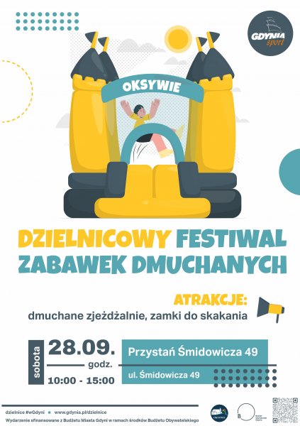 Plakat z narysowanym dmuchanym zamkiem.
