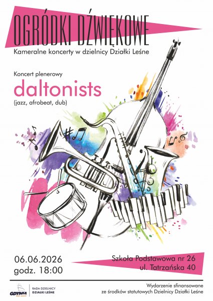 Plakat z akwarelowym przedstawieniem instrumentów muzycznych.