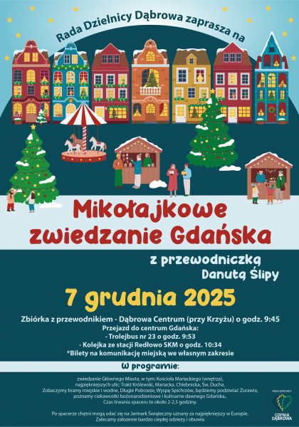Świąteczny plakat promujący Mikołajkowe Zwiedzanie Gdańska