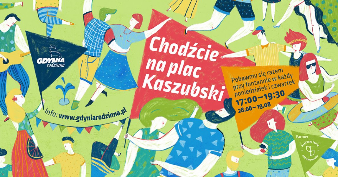 Na zielonym tle kolorowe postacie, po lewej mała fontanna i granatowa trójkątna chorągiewka z logo Gdyni Rodzinnej, na środku czerwona z napisem 