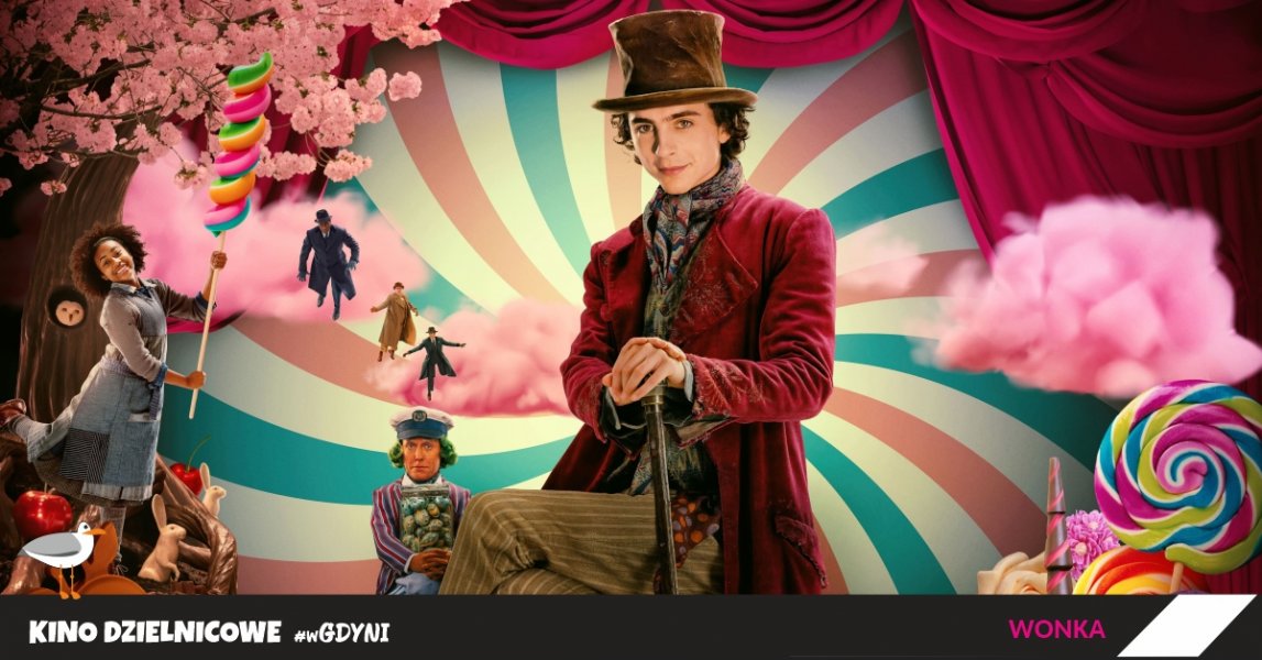 Kadr z filmu Wonka, bohater filmu na cukierkowym tle.